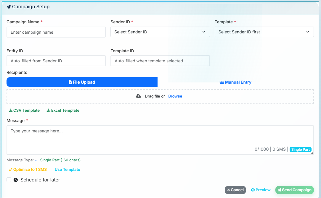 Weform Solution SMS campaign setup dashboard with sender ID, template, recipient upload, scheduling and preview controls