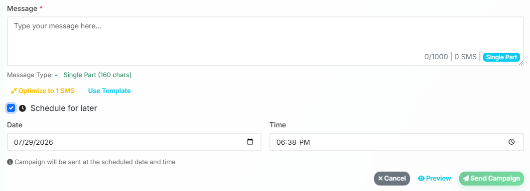Schedule an SMS campaign for a selected future date and time in the Weform SMS platform
