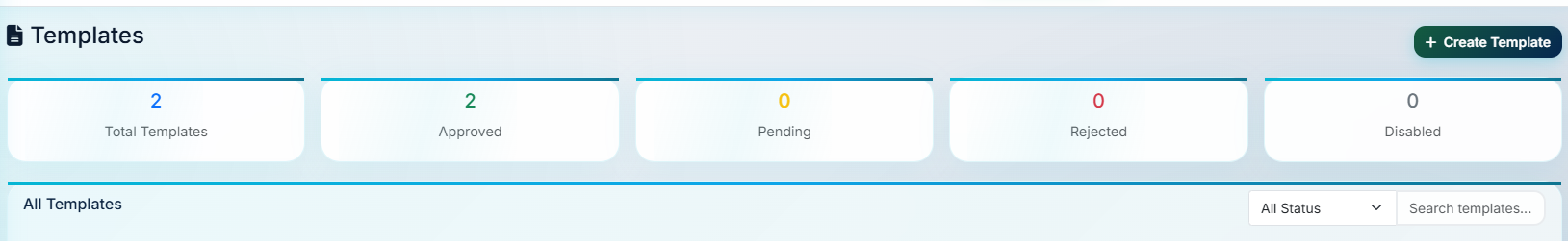 DLT message template management screen with approved, pending, rejected and disabled template statuses