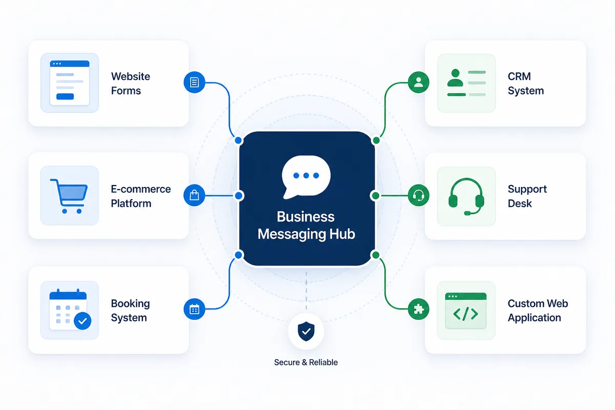 Business systems connected through a messaging API integration